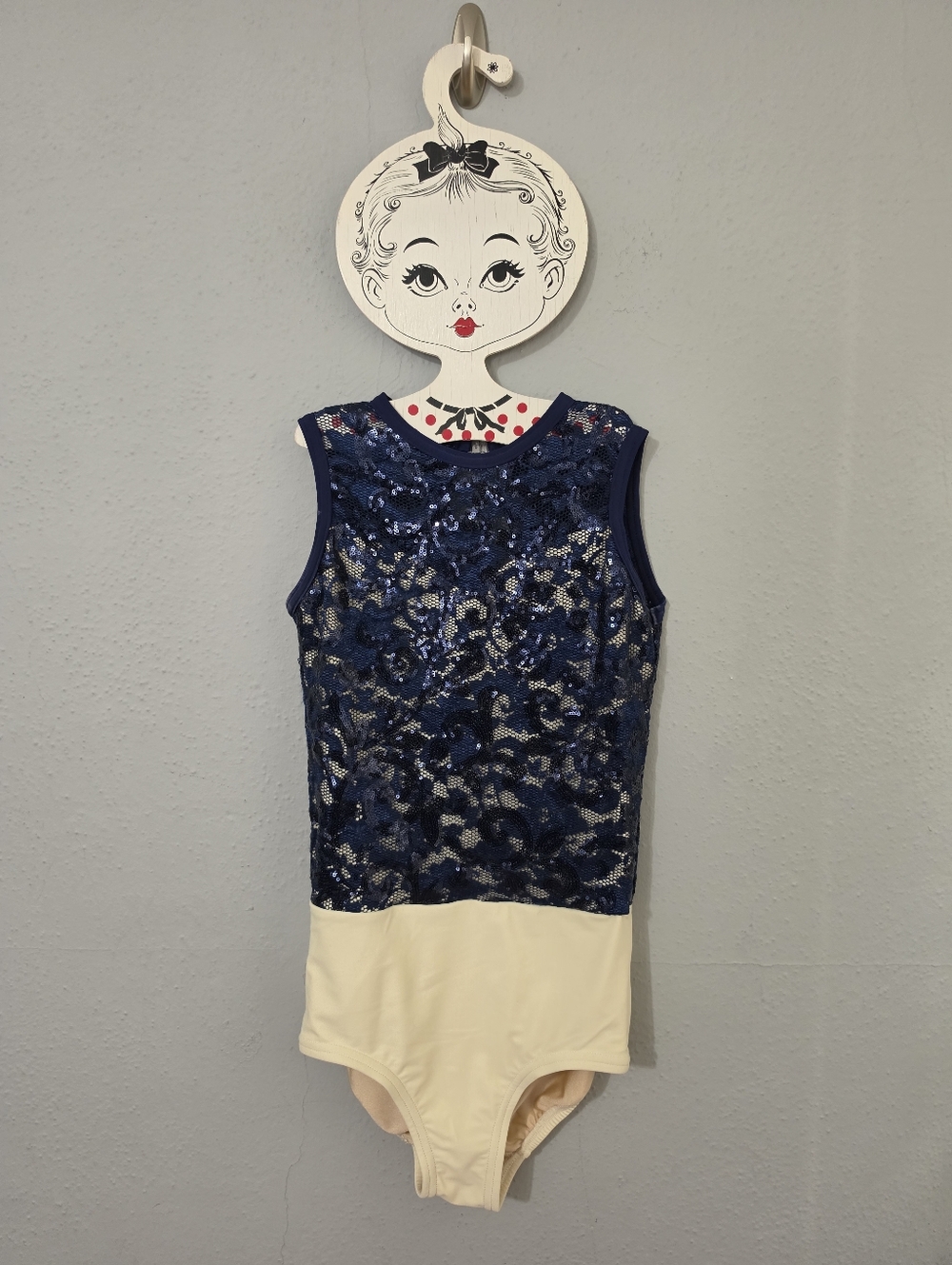 Details Dancewear Blue Lace Upper Beige Bottom Bodysuit Leotard Size MA